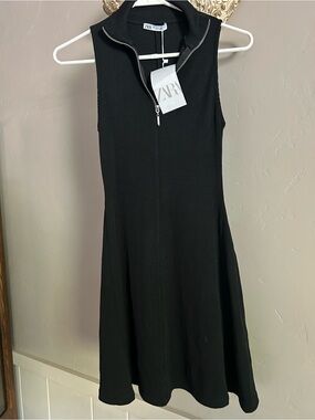 Zara Black Sleeveless Ribbed Mini Dress with Zip Collar